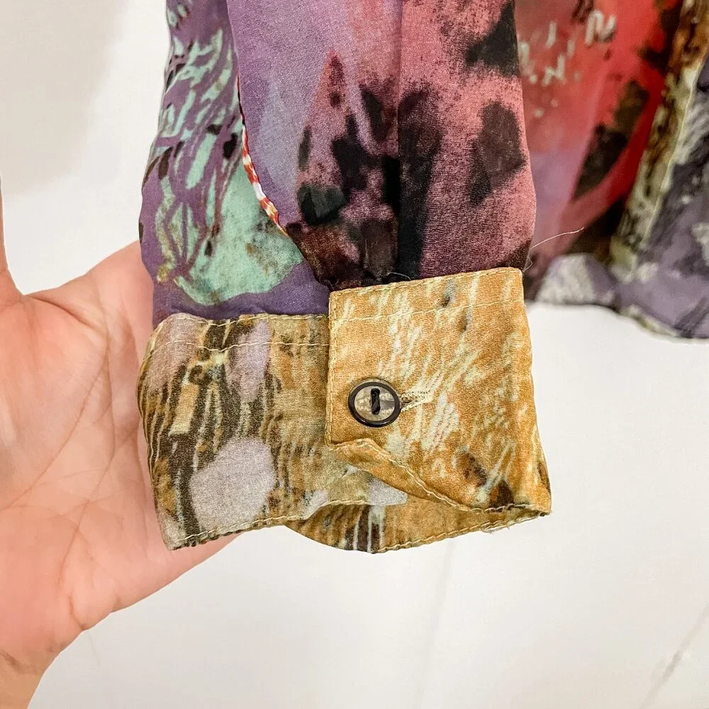 Abstract Multi-Color Sheer Button-Front Blouse - Picture 7 of 10